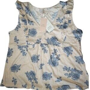 NWT COMO Vintage Linen Blend Ruffle Floral Sleeveless Top - Size Large